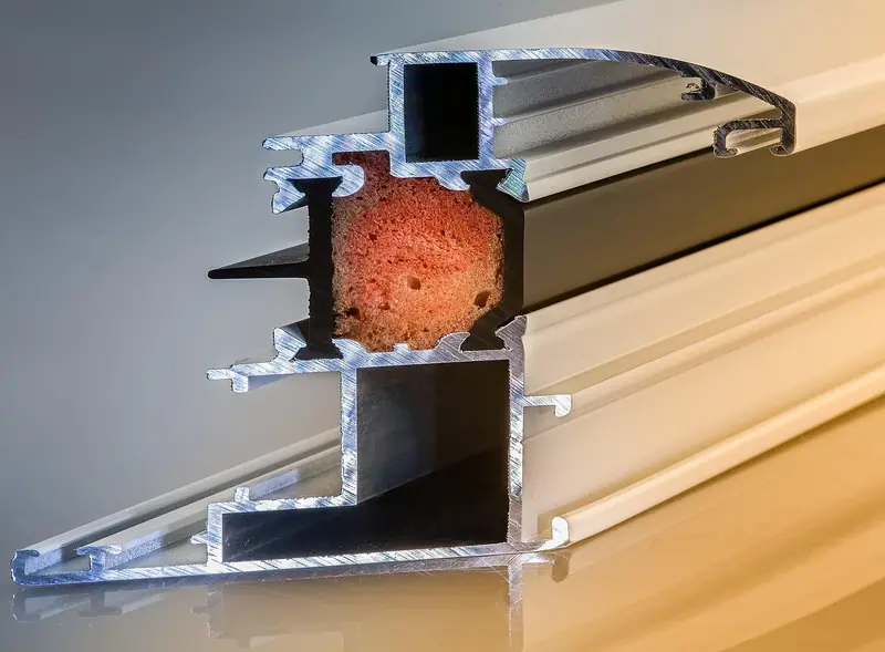 Corte de um perfil de caixilho de alumínio pintado, mostrando as câmaras internas