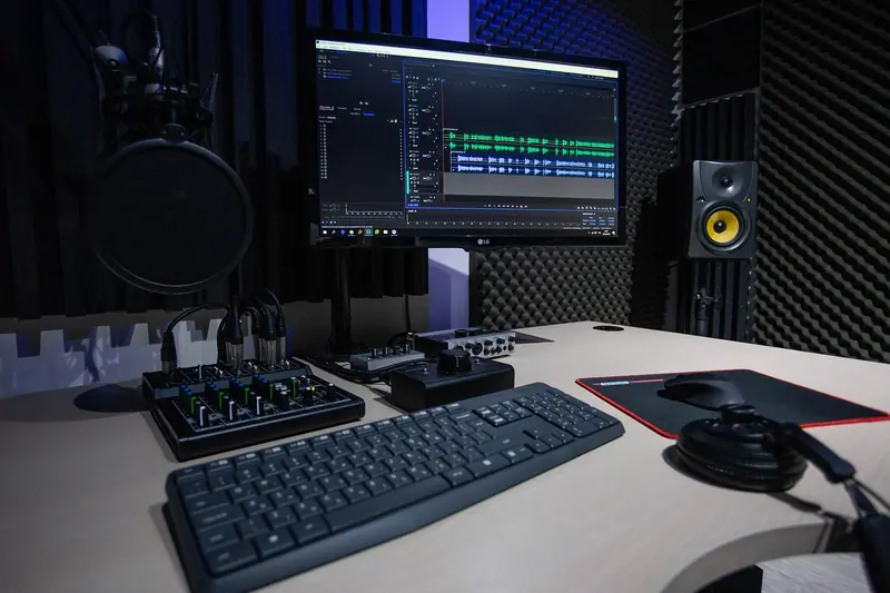 Mesa de gravação com monitor, teclado, mesa de som e fone de ouvido num cômodo escuro