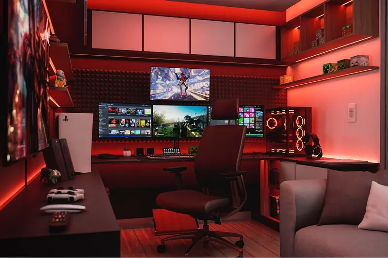 Quarto com mesa de computador, monitores, cadeira e iluminação vermelha nas paredes