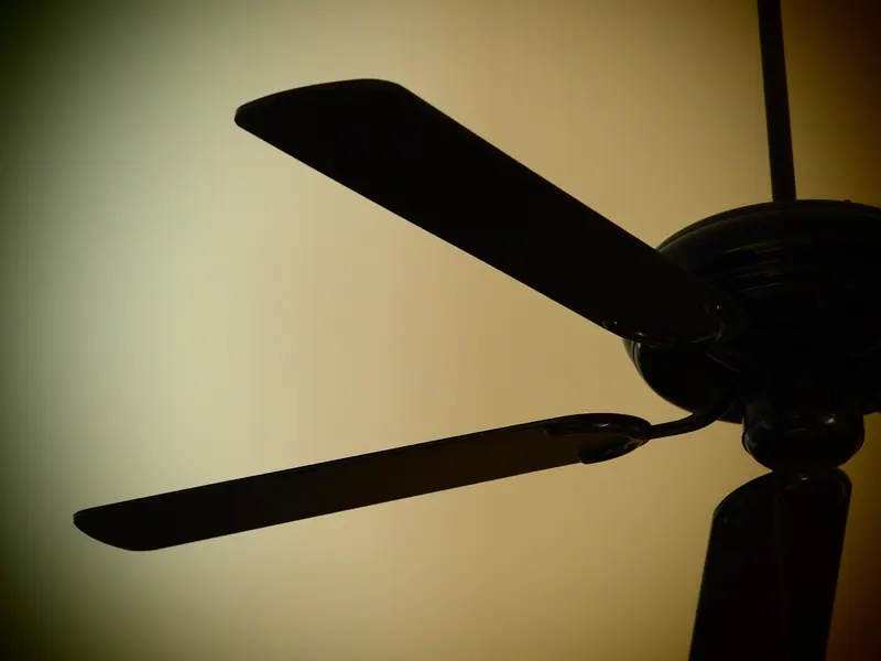 Pás escuras de um ventilador de teto vistas de baixo, contra uma parede clara
