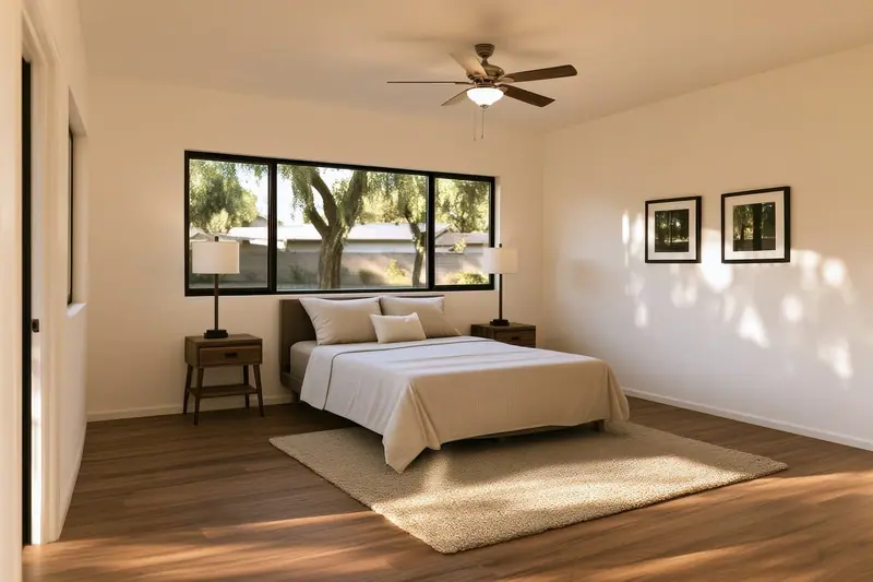 Quarto claro com cama arrumada, tapete e uma janela ampla com vista para árvores