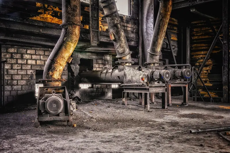 Máquina industrial antiga com tubos e motor dentro de um galpão de paredes de tijolo