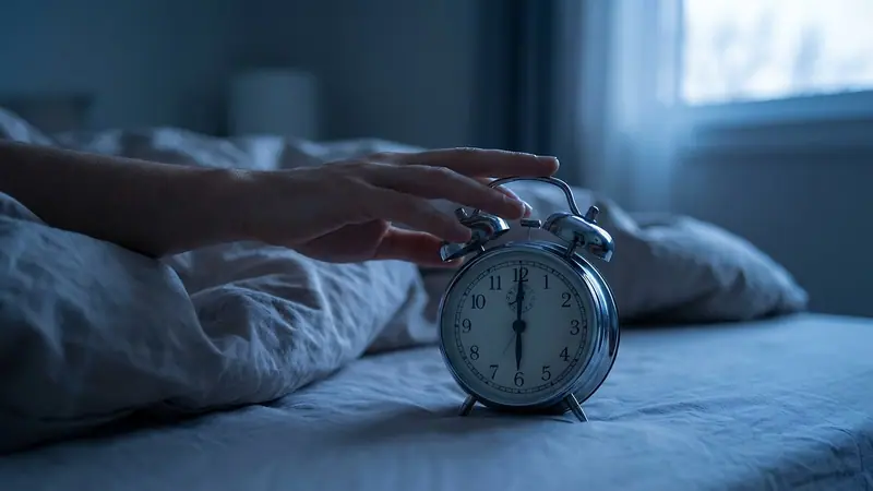 Mão estendida sobre um despertador ao lado da cama, num quarto em luz azulada de amanhecer