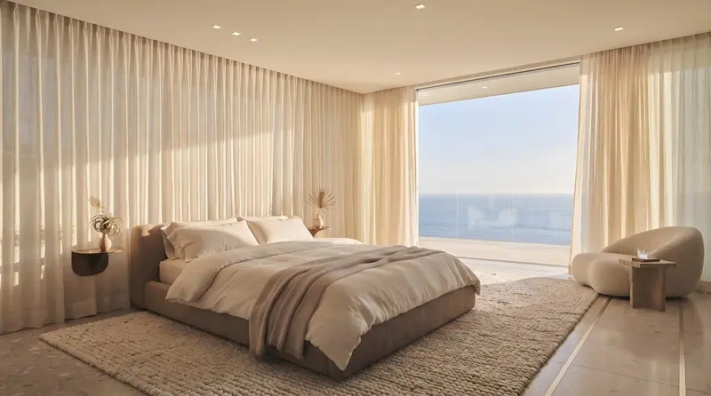 Quarto amplo e claro com cama de casal, tapete e cortinas leves diante de uma grande janela