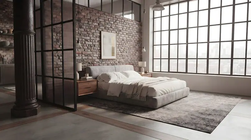Quarto amplo com cama baixa, parede de tijolos e janelas grandes com caixilhos pretos