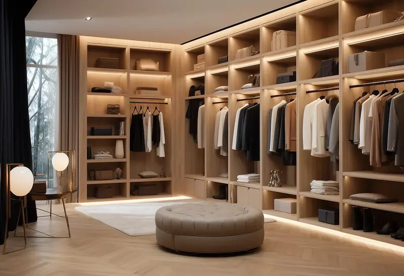 Closet amplo com prateleiras de madeira iluminadas, roupas penduradas e um pufe redondo
